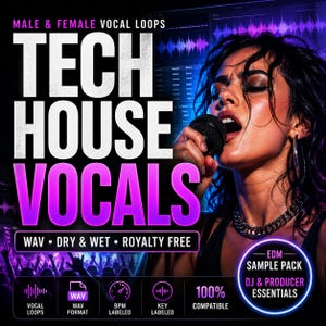 Könnte beinhalten: Werbebild für "Tech House Vocals" mit einer Frau, die in ein Mikrofon singt. Das Bild hat ein lila und schwarzes Farbschema mit Text, der "Male & Female Vocal Loops", "WAV, Dry & Wet, Royalty Free" und "EDM Sample Pack DJ & Producer Essentials" lautet.