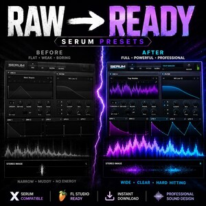 May include: A digital graphic comparing audio software interfaces labeled RAW to READY SERUM PRESETS. The left side shows a flat, weak, and boring interface, while the right side displays a full, powerful, and professional interface with vibrant purple and blue waveforms.