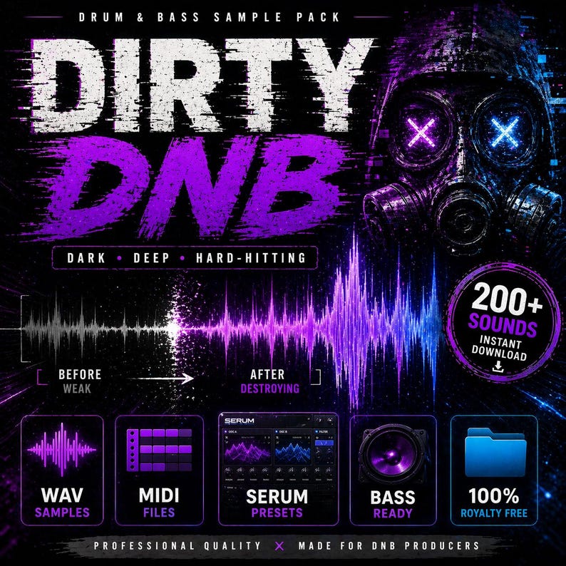 May include: A promotional graphic for a drum and bass sample pack. The design features the text "DIRTY DNB" in white and purple, with additional text indicating "DARK, DEEP, HARD-HITTING." It includes waveforms, icons for WAV samples, MIDI files, Serum presets, and bass-ready sounds.