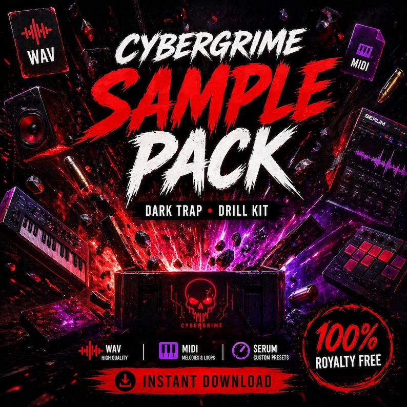 K&ouml;nnte beinhalten: Werbebild f&uuml;r ein Cybergrime Sample Pack. Das Design zeigt den Text "CYBERGRIME SAMPLE PACK" in Rot und Wei&szlig;, darunter "DARK TRAP &bull; DRILL KIT". Symbole f&uuml;r WAV, MIDI und Serum sind enthalten, zusammen mit dem Text "100% ROYALTY FREE".