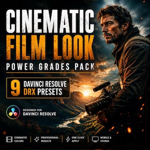 May include: Promotional image for a video editing product. The text reads "CINEMATIC FILM LOOK POWER GRADES PACK" with "9 DAVINCI RESOLVE DRX PRESETS" below. A man holding a camera is in the background, with a mountain range and sunset.