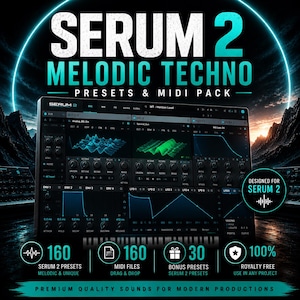 May include: A digital product graphic for Serum 2 Melodic Techno Presets & MIDI Pack. The image displays a software interface with oscillators and envelopes, surrounded by text detailing 160 presets, 160 MIDI files, and 30 bonus presets.