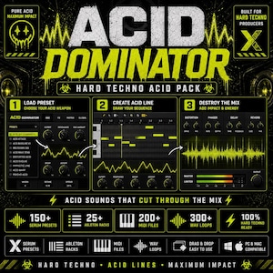K&ouml;nnte beinhalten: Digitalgrafik f&uuml;r ein Hard Techno Acid Pack mit dem Titel "ACID DOMINATOR". Das Design zeigt ein neongelbes und schwarzes Farbschema mit Text und Grafiken zur Musikproduktion, einschlie&szlig;lich Wellenformen, Voreinstellungen und Audioeffekten. Das Paket enth&auml;lt Serum-Presets, Ableton-Racks, MIDI-Dateien und WAV-Loops.