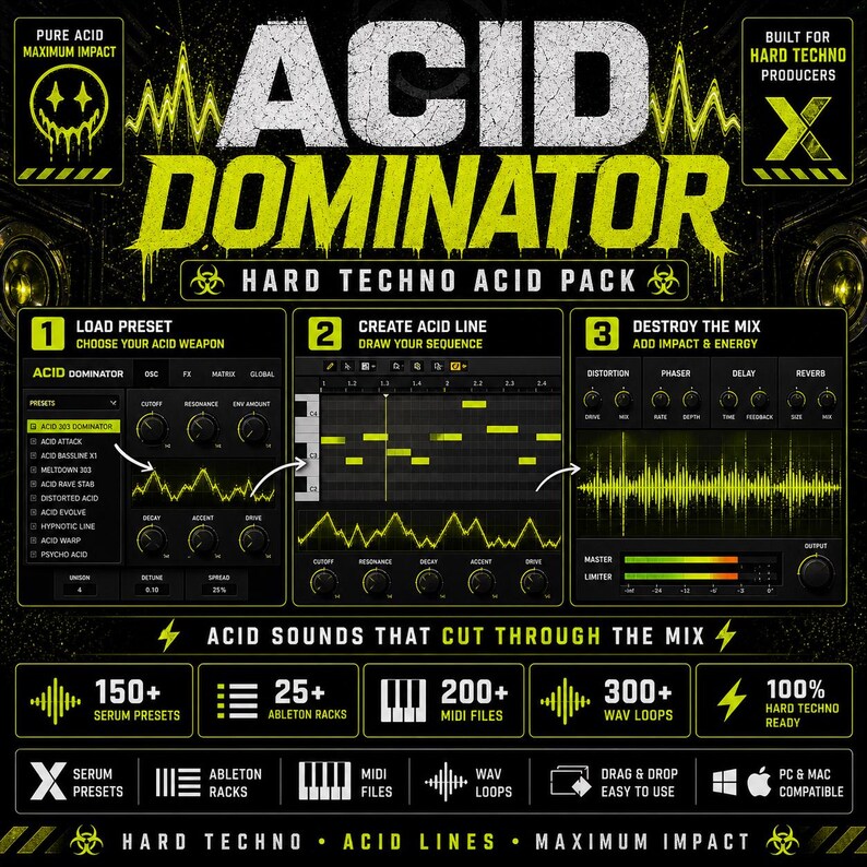 K&ouml;nnte beinhalten: Digitalgrafik f&uuml;r ein Hard Techno Acid Pack mit dem Titel "ACID DOMINATOR". Das Design zeigt ein neongelbes und schwarzes Farbschema mit Text und Grafiken zur Musikproduktion, einschlie&szlig;lich Wellenformen, Voreinstellungen und Audioeffekten. Das Paket enth&auml;lt Serum-Presets, Ableton-Racks, MIDI-Dateien und WAV-Loops.
