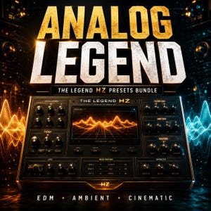 May include: A digital synthesizer interface labeled The Legend HZ with a central screen displaying an orange waveform. The black control panel features numerous knobs for oscillators, filters, and effects, with the text ANALOG LEGEND above.