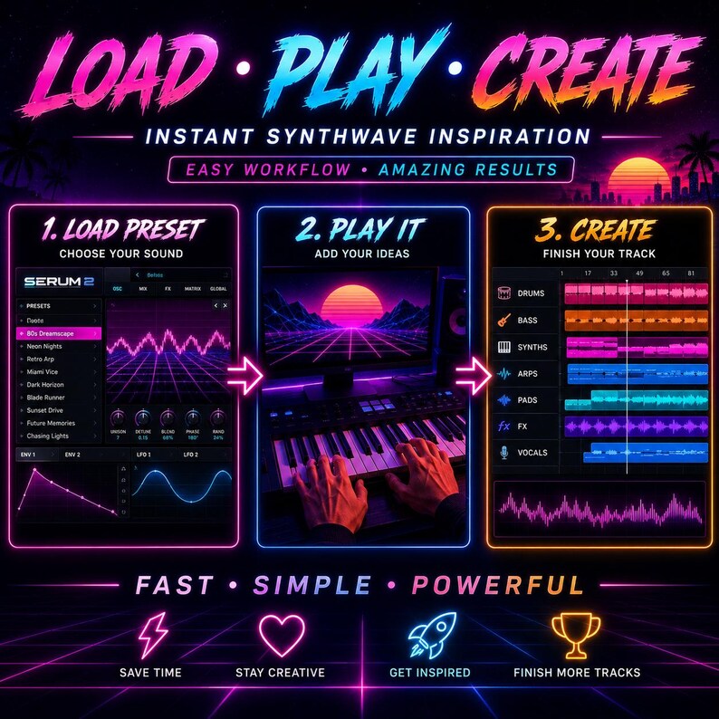 May include: A digital graphic featuring the text LOAD PLAY CREATE and INSTANT SYNTHWAVE INSPIRATION. It displays three panels showing a software interface, a keyboard, and a track arrangement, all styled with neon pink, blue, and orange colors.