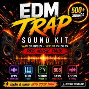 May include: A promotional graphic for an EDM Trap Sound Kit. The design features the text "EDM TRAP SOUND KIT" in bold, stylized fonts. It includes "WAV SAMPLES," "SERUM PRESETS," and "PRO MUSIC PACK." The image also highlights "500+ SOUNDS" and various audio file types.