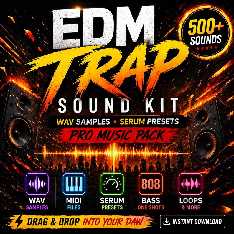 May include: A promotional graphic for an EDM Trap Sound Kit. The design features the text "EDM TRAP SOUND KIT" in bold, stylized fonts. It includes "WAV SAMPLES," "SERUM PRESETS," and "PRO MUSIC PACK." The image also highlights "500+ SOUNDS" and various audio file types.