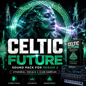 Może przedstawiać: Cyfrowa okładka produktu Celtic Future Sound Pack dla Serum 2, przedstawiająca świecący zielony portret, skomplikowane sploty oraz tekst Celtic Future Sound Pack for Serum 2 Ethereal Vocals & Club Samples.