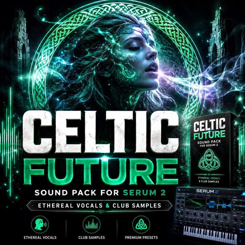 May include: A digital product cover for Celtic Future Sound Pack for Serum 2, featuring a glowing green portrait of a person, intricate knotwork, and text reading Celtic Future Sound Pack for Serum 2 Ethereal Vocals & Club Samples.