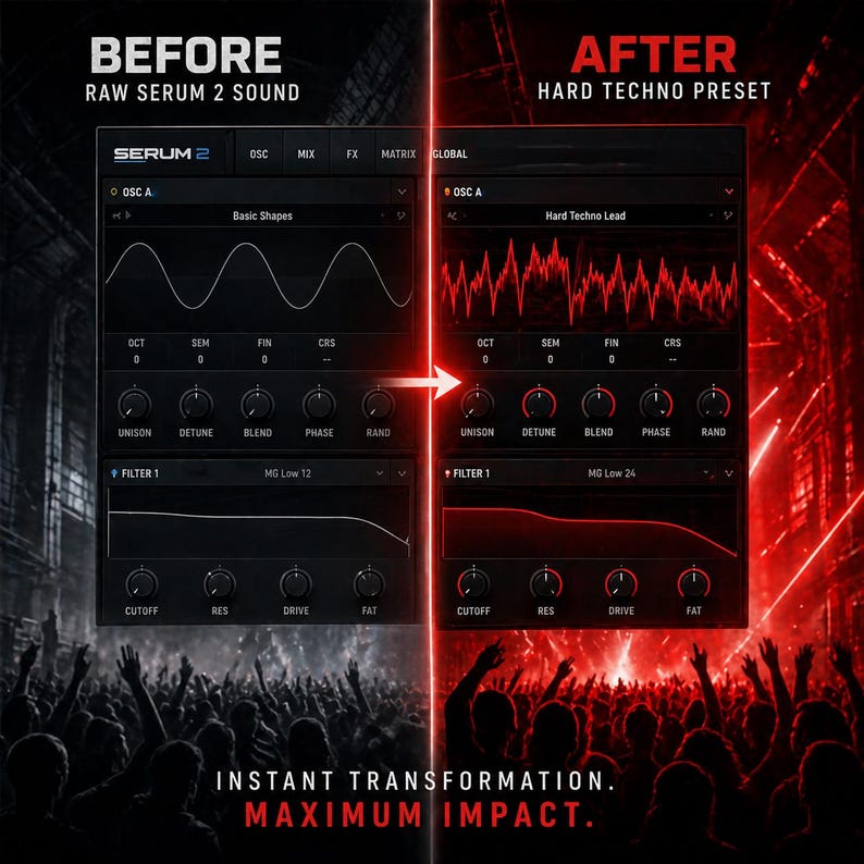 May include: A before-and-after graphic of a music software interface, demonstrating a change from "Raw Serum 2 Sound" to "Hard Techno Preset." The interface is black with red accents, and the text "Instant Transformation. Maximum Impact." is displayed.