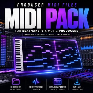 以下が含まれることがあります： 「PRODUCER MIDI FILES MIDI PACK」のテキストが入った、デジタル音楽制作のグラフィック。画像にはキーボードと、音符が表示された音楽制作インターフェースが写っています。下部には、「HUNDREDS OF MIDI FILES」、「PROFESSIONAL QUALITY」、「100% COMPATIBLE WITH ALL DAWS」、「INSTANT DOWNLOAD」のテキストが入ったアイコンがあります。