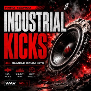 May include: A digital album cover with a black and red theme. The title "INDUSTRIAL KICKS" is in large white and red letters. A large speaker is on the right, with the text "RUMBLE DRUM HITS" and other details about the audio file.