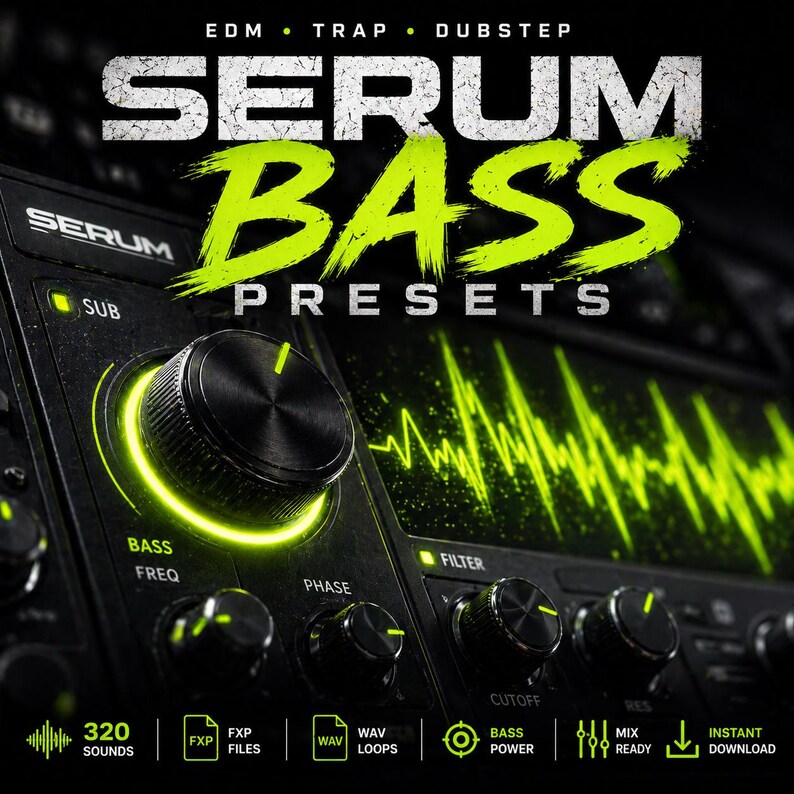 May include: A close-up of a black audio mixing console with the words "SERUM BASS PRESETS" in large, neon green letters. The console features knobs, buttons, and a glowing green waveform display. Text at the top reads "EDM &bull; TRAP &bull; DUBSTEP".