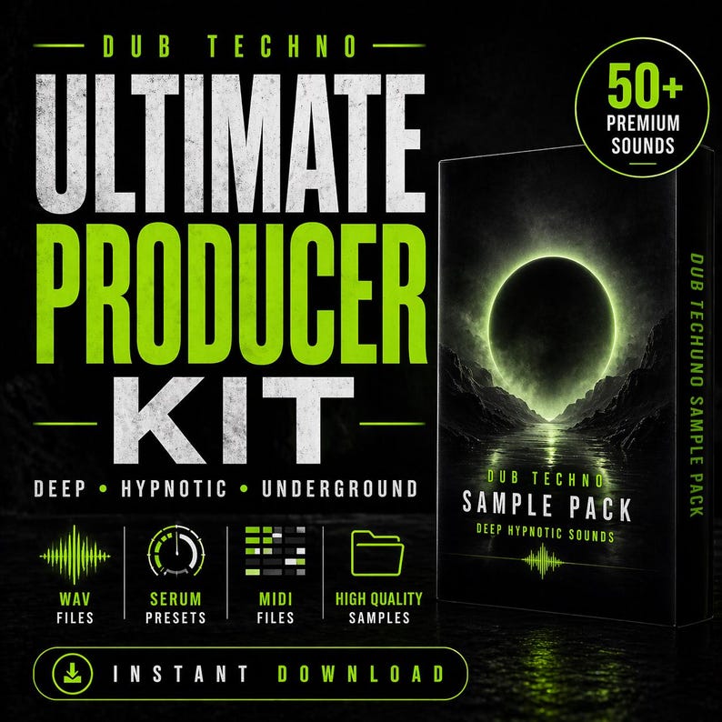 May include: A promotional image for a Dub Techno music production kit. The design features the text "ULTIMATE PRODUCER KIT" in white and green, with additional text indicating "DEEP, HYPNOTIC, UNDERGROUND". Includes a sample pack with over 50 premium sounds.
