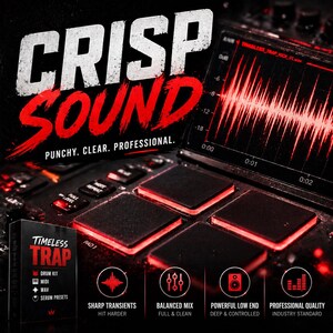 Puede incluir: Imagen promocional de un producto de producci&oacute;n musical. La imagen presenta una combinaci&oacute;n de colores negro y rojo con las palabras "CRISP SOUND" en letras grandes y en negrita. Debajo, el texto dice "PUNCHY. CLEAR. PROFESSIONAL." La imagen tambi&eacute;n incluye una interfaz de estaci&oacute;n de trabajo de audio digital y una caja de producto etiquetada como "TIMELESS TRAP."