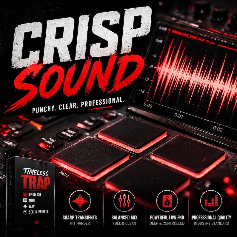 Puede incluir: Imagen promocional de un producto de producci&oacute;n musical. La imagen presenta una combinaci&oacute;n de colores negro y rojo con las palabras "CRISP SOUND" en letras grandes y en negrita. Debajo, el texto dice "PUNCHY. CLEAR. PROFESSIONAL." La imagen tambi&eacute;n incluye una interfaz de estaci&oacute;n de trabajo de audio digital y una caja de producto etiquetada como "TIMELESS TRAP."