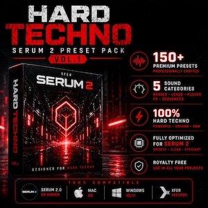 May include: A black and red digital product box for "Hard Techno Serum 2 Preset Pack Vol. 1." The box features the text "Serum 2" and "Hard Techno." Additional text includes "150+ Premium Presets" and "Royalty Free." The product is compatible with Mac and Windows.