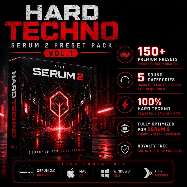 May include: A black and red digital product box for "Hard Techno Serum 2 Preset Pack Vol. 1." The box features the text "Serum 2" and "Hard Techno." Additional text includes "150+ Premium Presets" and "Royalty Free." The product is compatible with Mac and Windows.