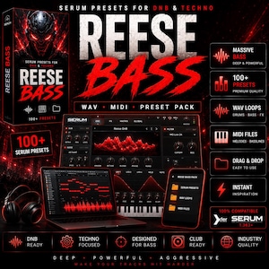 May include: A promotional image for "Reese Bass" serum presets for DNB and Techno music production. The image features a laptop, phone, and headphones, along with text highlighting features like WAV loops, MIDI files, and 100+ presets. The color scheme is primarily black and red.
