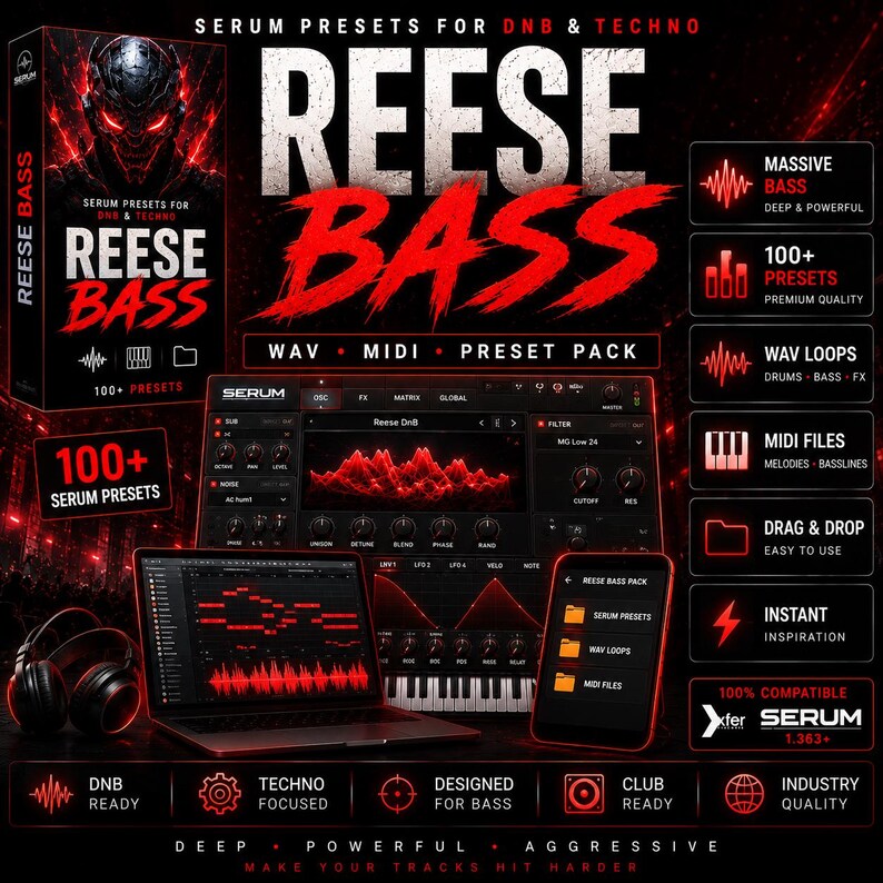 May include: A promotional image for "Reese Bass" serum presets for DNB and Techno music production. The image features a laptop, phone, and headphones, along with text highlighting features like WAV loops, MIDI files, and 100+ presets. The color scheme is primarily black and red.