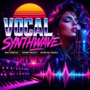 May include: A digital graphic featuring the text VOCAL SYNTHWAVE with a retro 80s aesthetic. It displays a person singing into a microphone, a synthesizer keyboard, a glowing sunset, and a city skyline, all rendered in vibrant neon pink and blue.