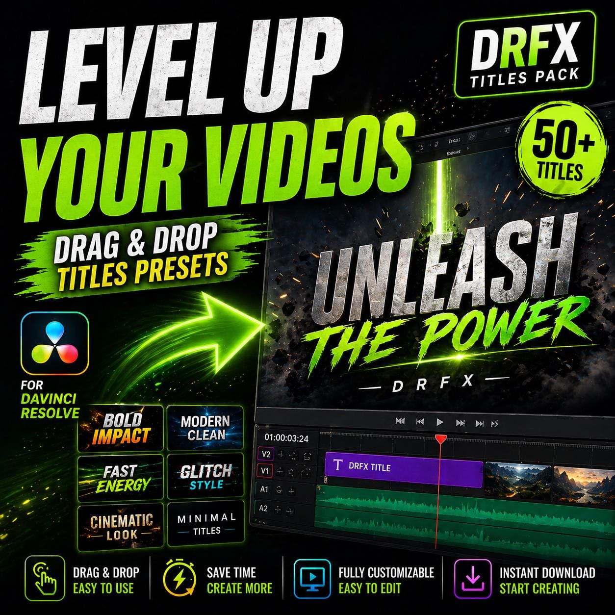 Davinci Resolve Titles Pack DRFX Drag Drop Text Presets Video Editing ...