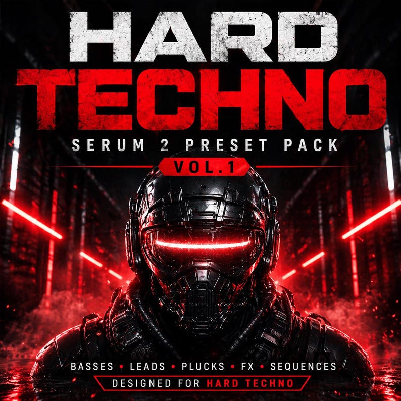 Digital product cover image for a hard techno Serum 2 preset pack, featuring dark industrial design with bold typography, metallic textures, and aggressive visual elements; black and red color scheme, electronic music theme, no physical product shown, digital download format
