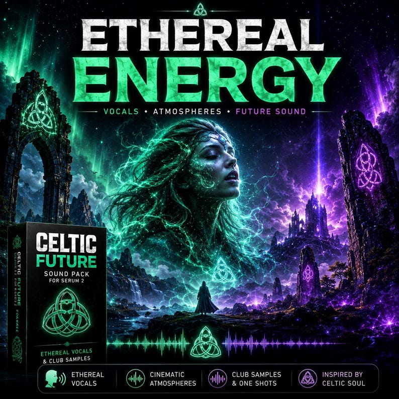 May include: A digital product cover titled ETHEREAL ENERGY featuring a glowing green and purple fantasy landscape with a central figure, stone arches, and a black box labeled CELTIC FUTURE SOUND PACK FOR SERUM 2 with a triquetra symbol.
