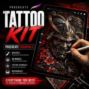 Könnte beinhalten: Werbung für ein Procreate Tattoo-Kit. Das Bild zeigt ein Tablet mit einem detaillierten Tattoo-Design und dem Text "TATTOO KIT" in Rot und Weiß. Es hebt Pinsel, 3D-Modelle, Schablonen und Referenzen hervor. Der Text lautet "ALLES, WAS SIE BRAUCHEN, UM ATEMBERAUBENDE TATTOOS ZU ERSTELLEN".