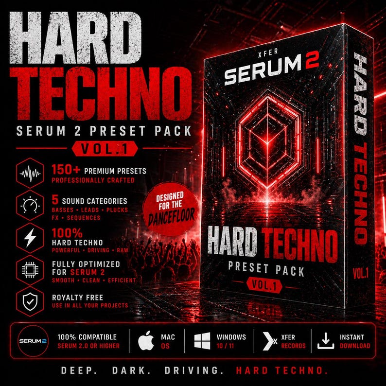 May include: A red and black graphic for a "Hard Techno" Serum 2 preset pack, Vol. 1. The design includes text such as "150+ Premium Presets" and "Designed for the Dancefloor". The product is compatible with Serum 2.0 or higher.
