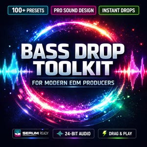 Peut inclure: Visuel numérique pour un "BASS DROP TOOLKIT" pour les producteurs de musique électronique. Le design présente des couleurs vives et des éléments textuels tels que "100+ PRESETS", "PRO SOUND DESIGN" et "INSTANT DROPS", avec des graphiques d'ondes sonores.