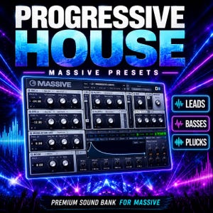 May include: A digital graphic for a Progressive House Massive Presets sound bank. The image features a software synthesiser interface with multiple knobs and sliders, surrounded by bright purple and blue light beams and sound waves.
