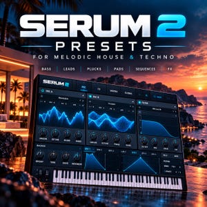 May include: A digital software interface for Serum 2 presets, featuring a dark blue control panel with oscillators, filter settings, and a keyboard. The text reads Serum 2 Presets for Melodic House & Techno, with categories for Bass, Leads, Plucks, Pads, Sequences, and FX.