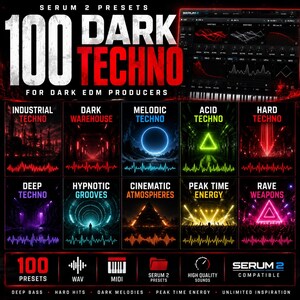 May include: A promotional graphic for Serum 2 presets, featuring the text "100 DARK TECHNO." The image showcases various techno subgenres with colorful geometric shapes and waveforms. Includes "Industrial Techno," "Dark Warehouse," and "Melodic Techno."