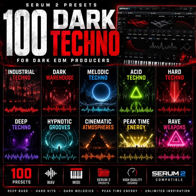 May include: A promotional graphic for Serum 2 presets, featuring the text "100 DARK TECHNO." The image showcases various techno subgenres with colorful geometric shapes and waveforms. Includes "Industrial Techno," "Dark Warehouse," and "Melodic Techno."