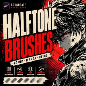 Könnte beinhalten: Werbung für digitale Kunstpinsel. Das Bild zeigt den Text "HALFTONE BRUSHES" in Weiß vor rotem Hintergrund. Darunter stehen die Worte "COMIC • MANGA • RETRO". Rechts ist ein Manga-Charakter zu sehen.