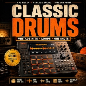 May include: A black MPC music production sampler featuring a central screen displaying a waveform and drum kit labels, surrounded by sixteen backlit orange pads, various control buttons, and a rotary knob. The text reads CLASSIC DRUMS.