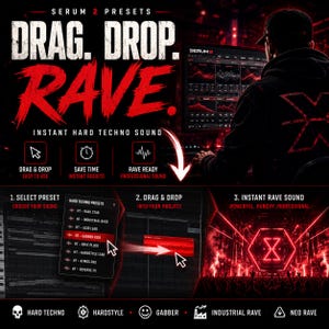 K&ouml;nnte beinhalten: Werbebild f&uuml;r Serum 2 Presets mit dem Text "DRAG. DROP. RAVE". Die Grafik hebt Instant Hard Techno Sound mit einfacher Drag-and-Drop-Funktion hervor. Eine Person wird bei der Verwendung eines Computers mit der Serum 2-Oberfl&auml;che gezeigt.