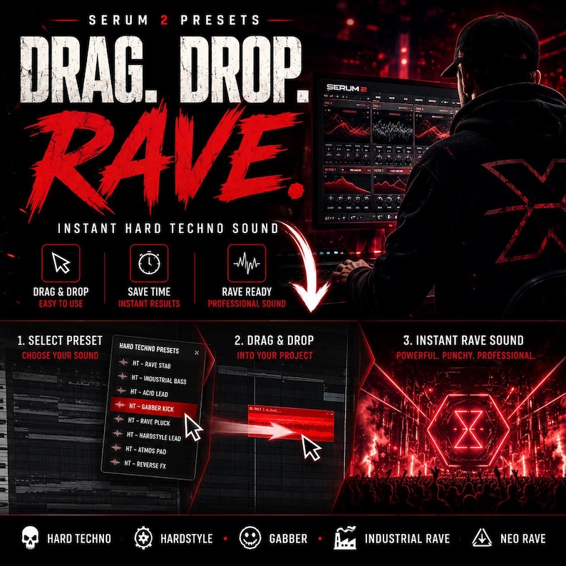 K&ouml;nnte beinhalten: Werbebild f&uuml;r Serum 2 Presets mit dem Text "DRAG. DROP. RAVE". Die Grafik hebt Instant Hard Techno Sound mit einfacher Drag-and-Drop-Funktion hervor. Eine Person wird bei der Verwendung eines Computers mit der Serum 2-Oberfl&auml;che gezeigt.