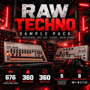 Puede incluir: Una portada de producto digital titulada RAW TECHNO SAMPLE PACK con sintetizadores Roland TR-909 y TB-303. El gráfico muestra especificaciones técnicas que incluyen 676 archivos WAV de 24 bits, 360 Apple Loops, 360 archivos REX2, 5 kits y 9 formatos.