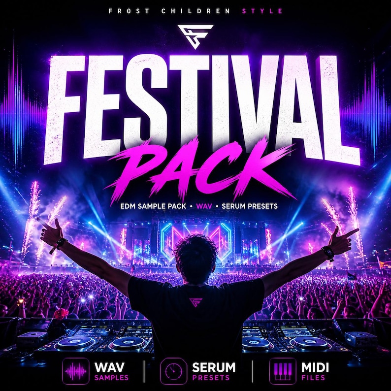 Crowd at a nighttime music festival with a DJ seen from behind raising arms on stage, vibrant purple and blue lighting with neon accents, large bold “Festival Pack” text centered above, wide-angle composition with stage in foreground and audience filling the background.