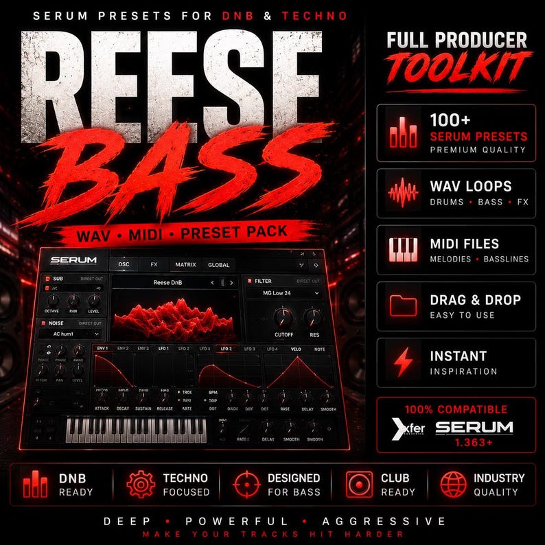 May include: A promotional image for Serum presets for DNB & Techno music. The image features the text "REESE BASS" in large red letters, along with a graphic of the Serum software interface. Additional text includes "WAV MIDI PRESET PACK" and "FULL PRODUCER TOOLKIT."