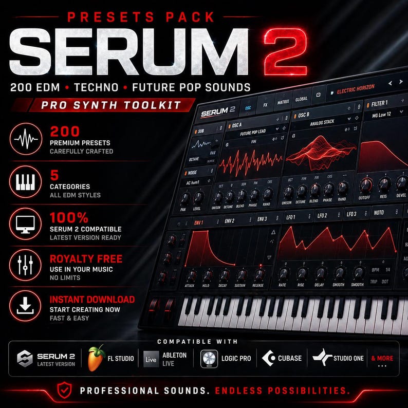 K&ouml;nnte beinhalten: Grafik zur Werbung f&uuml;r Serum 2, ein professionelles Synth-Toolkit. Das Bild zeigt eine schwarz-rote Oberfl&auml;che mit Tastatur, Wellenformen und verschiedenen Bedienelementen. Der Text enth&auml;lt "200 EDM Techno Future Pop Sounds" und "Royalty Free". Kompatibel mit FL Studio, Ableton Live, Logic Pro, Cubase und Studio One.