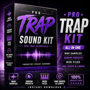 May include: A black box with the words "PRO TRAP SOUND KIT" in white and purple. The box includes the text "EDM TRAP ESSENTIALS" and icons for WAV samples, Serum presets, MIDI files, and one shots & loops. The text "INSTANT DOWNLOAD" is also visible.