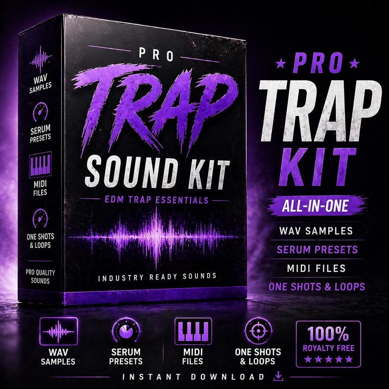 May include: A black box with the words "PRO TRAP SOUND KIT" in white and purple. The box includes the text "EDM TRAP ESSENTIALS" and icons for WAV samples, Serum presets, MIDI files, and one shots & loops. The text "INSTANT DOWNLOAD" is also visible.