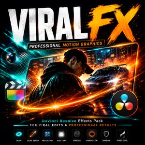 以下が含まれることがあります： VIRAL FX PROFESSIONAL MOTION GRAPHICSというタイトルのデジタル製品グラフィック。キャップを被った人物、街中のスポーツカー、そしてglow、light sweep、reflection、halftone、emboss、shadow、paper curlといったDaVinci Resolveエフェクトのアイコンが表示されています。