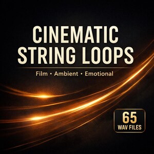 May include: A digital product advertisement with the text "CINEMATIC STRING LOOPS" in large, bold, white letters. Below, smaller text reads "Film • Ambient • Emotional." The image features glowing orange light trails against a dark background, with a box indicating "65 WAV FILES."