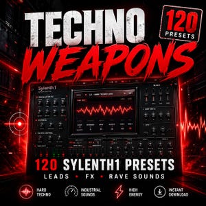May include: A digital product advertisement with the text "TECHNO WEAPONS" in white and red. The image features a digital audio workstation interface with the text "120 SYLENTH1 PRESETS" and icons for "HARD TECHNO", "INDUSTRIAL SOUNDS", "HIGH ENERGY", and "INSTANT DOWNLOAD".