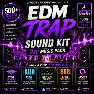 May include: A promotional image for an EDM Trap Sound Kit. The graphic features the text "EDM Trap Sound Kit Pro Music Pack" in purple and white, with icons for WAV samples, MIDI files, Serum presets, 808 bass, and loops. The image also includes the text "Drag & Drop Into Your DAW."